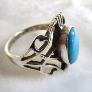 vintage turquoise ring with scrolled organic silver band, art nouveau, size 6.75